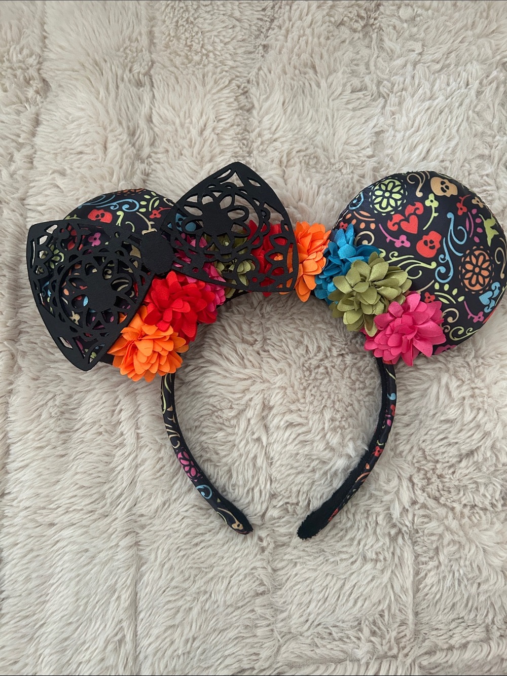 Disney Black Sugar Skull Floral Minnie Ears with Bright Flower Accents